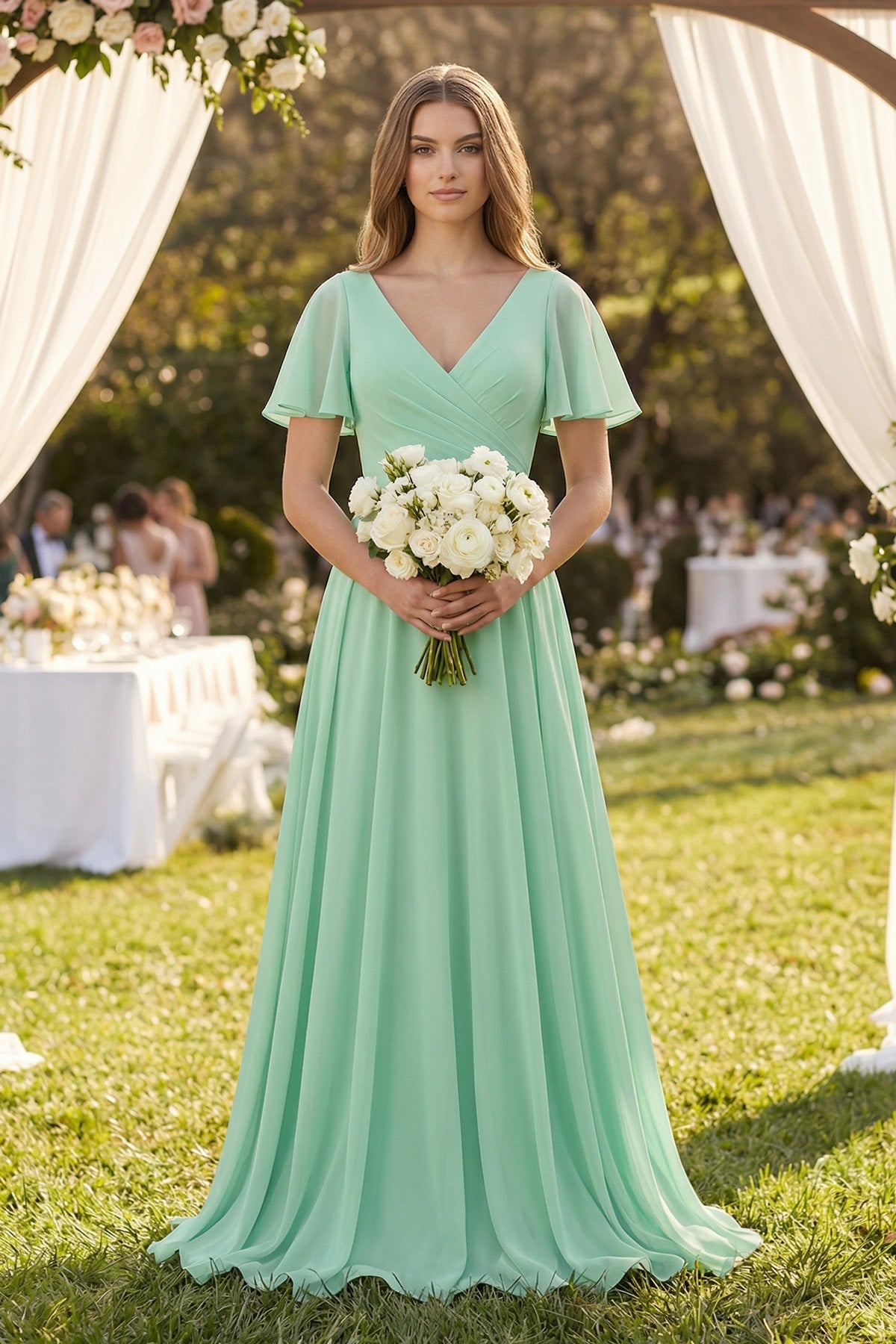 Robe demoiselle d’honneur pale pistachio longue col V manches courtes avec fente - Harana