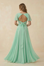 Robe demoiselle d’honneur pale pistachio longue col V manches courtes avec fente - Harana