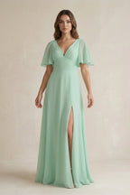 Robe demoiselle d’honneur pale pistachio longue col V froncée à volants - Harana