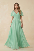 Robe demoiselle d’honneur pale pistachio longue col V manches courtes avec fente - Harana