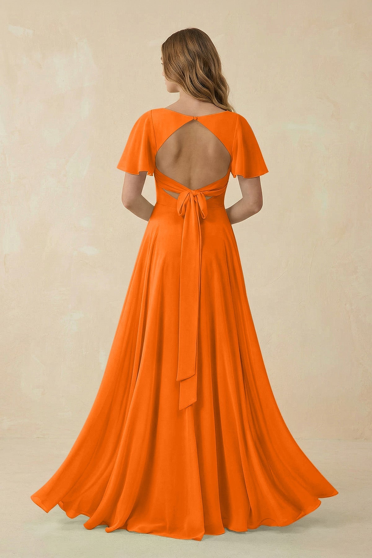 Robe longue orange en mousseline coupe trapèze décolleté V - Harana