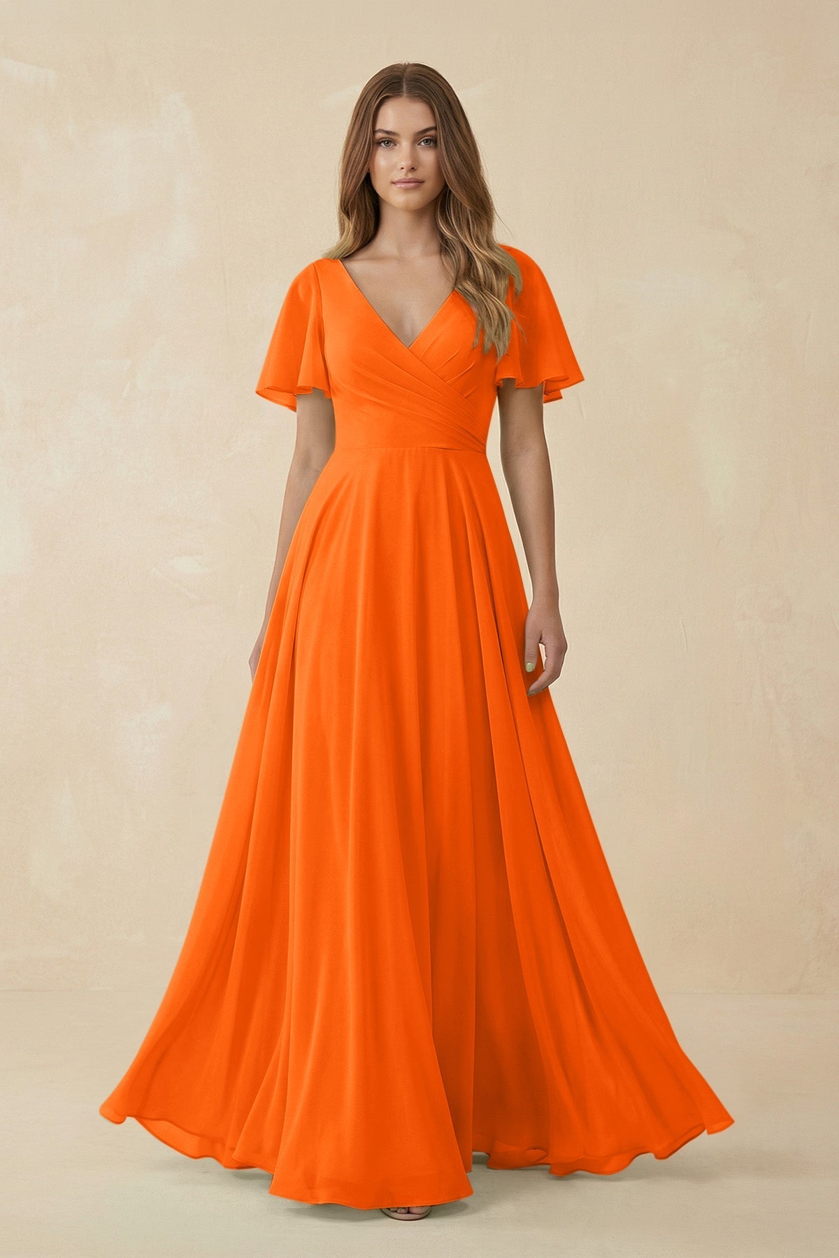 Robe longue orange en mousseline coupe trapèze décolleté V - Harana
