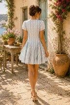 Robe verte courte en coton à manches courtes et imprimé floral rétro - Harana