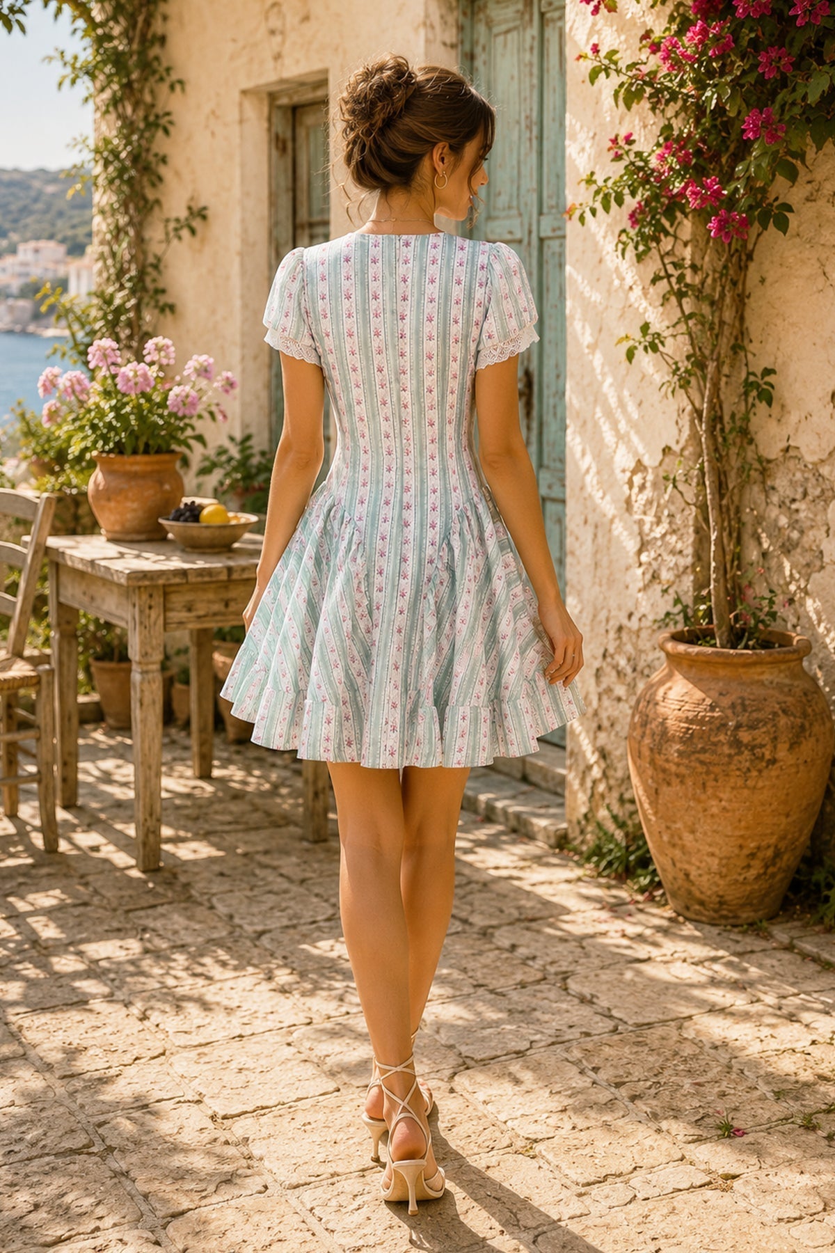 Robe verte courte en coton à manches courtes et imprimé floral rétro - Harana