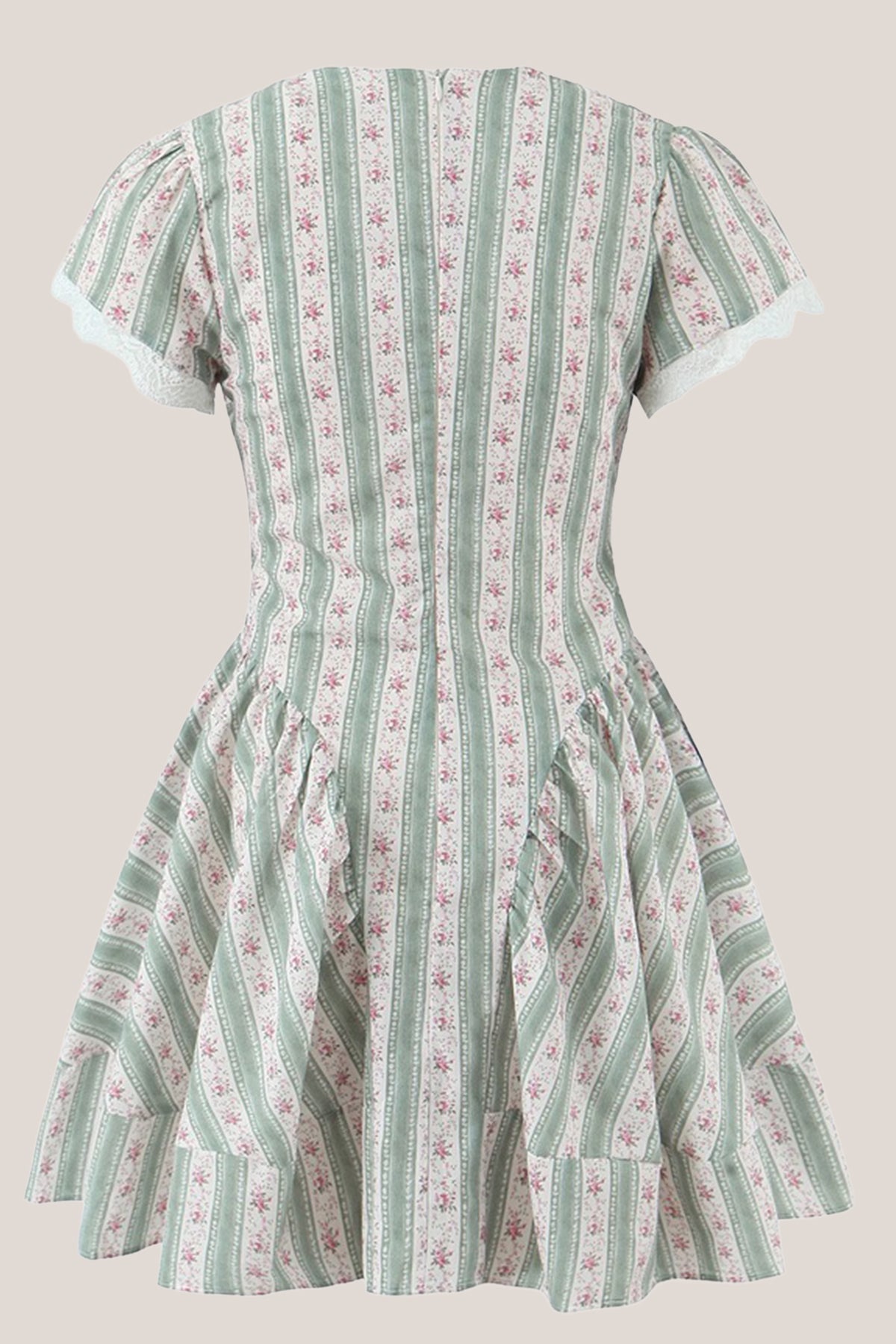 Robe verte courte en coton à manches courtes et imprimé floral rétro - Harana