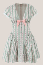Robe verte courte en coton à manches courtes et imprimé floral rétro - Harana