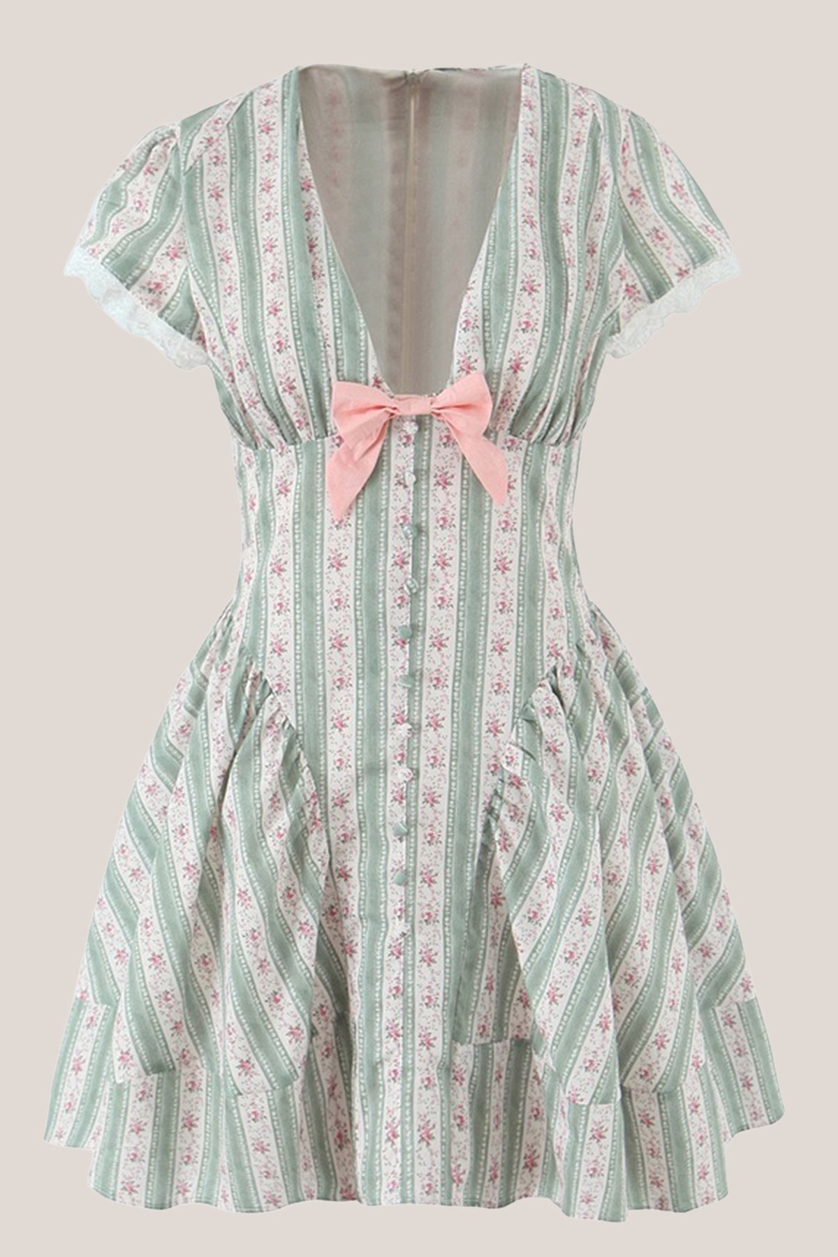 Robe verte courte en coton à manches courtes et imprimé floral rétro - Harana