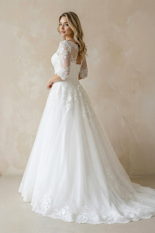 Robe de mariée blanc longue à dentelle en tulle - Harana