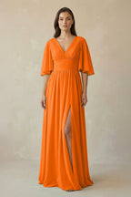 Robe longue orange en mousseline coupe trapèze décolleté V - Harana