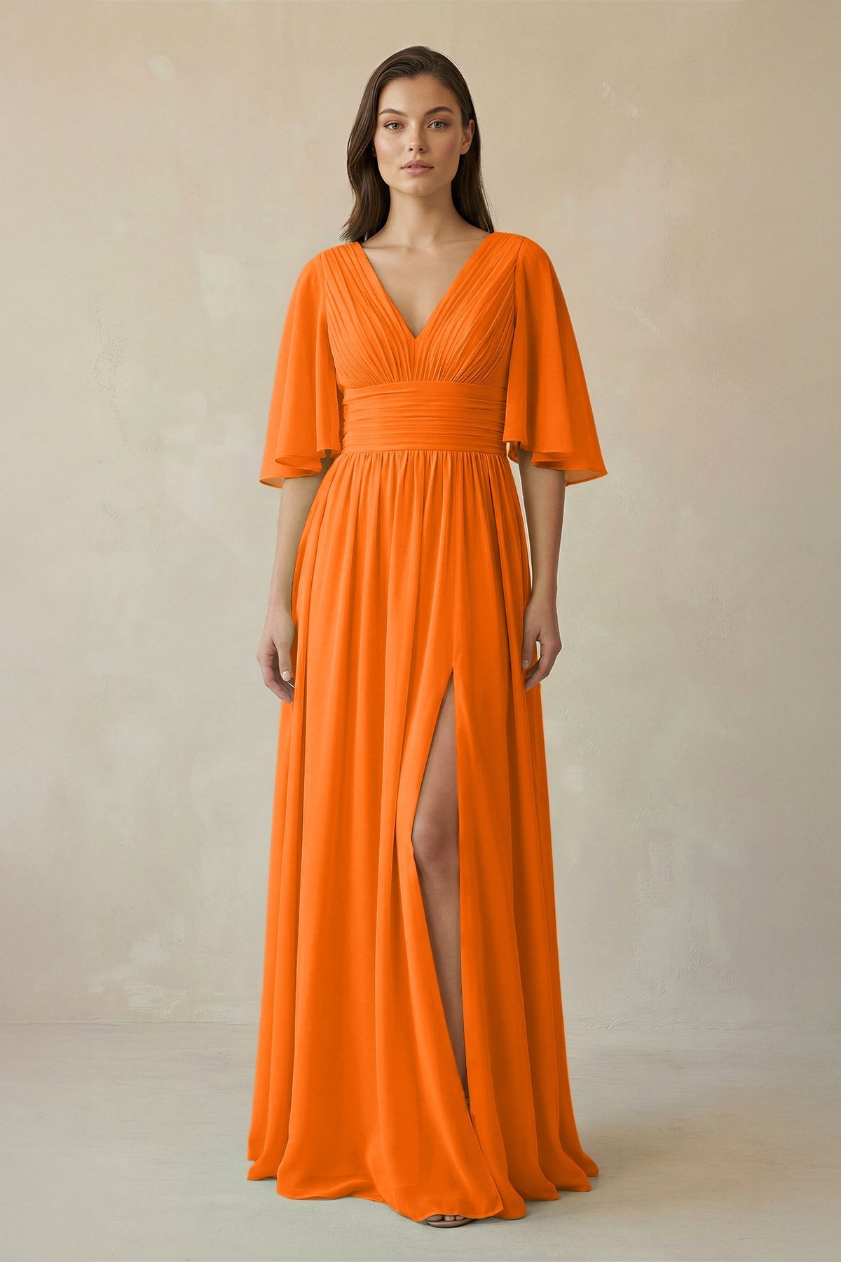 Robe longue orange en mousseline coupe trapèze décolleté V - Harana