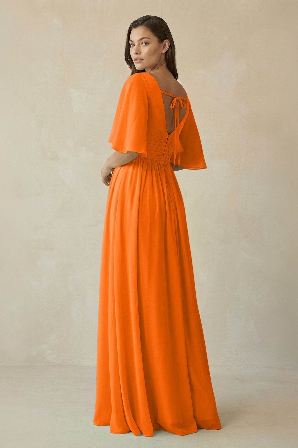 Robe longue orange en mousseline coupe trapèze décolleté V - Harana