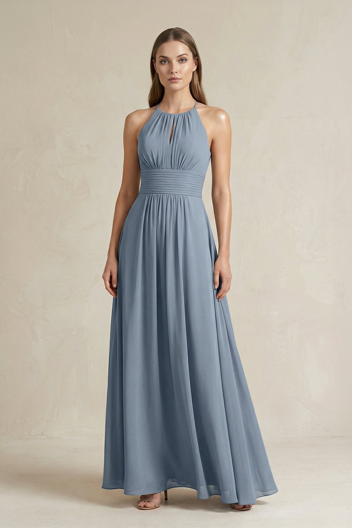 Robe demoiselle d’honneur neptune longue dos nu sans manches plissée - Harana