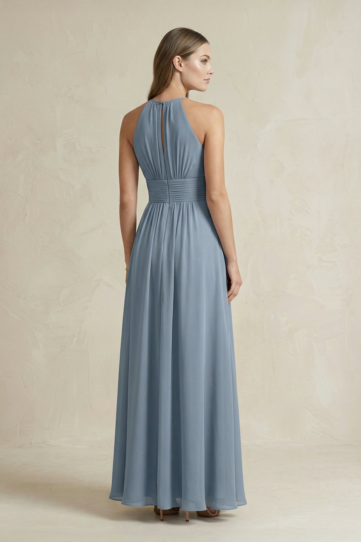 Robe demoiselle d’honneur neptune longue dos nu sans manches plissée - Harana
