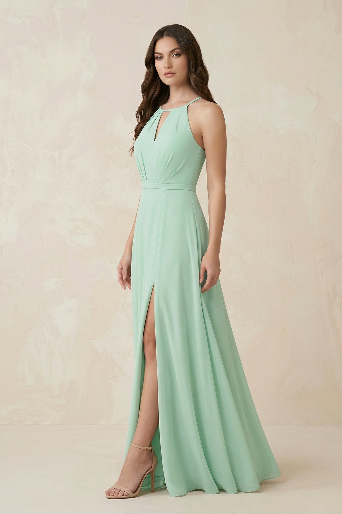 Robe demoiselle d’honneur pale pistachio longue dos nu sans manches avec fente - Harana
