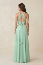 Robe demoiselle d’honneur pale pistachio longue dos nu sans manches avec fente - Harana