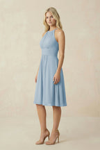Robe demoiselle d’honneur bleu poudré midi dos nu sans manches plissée - Harana