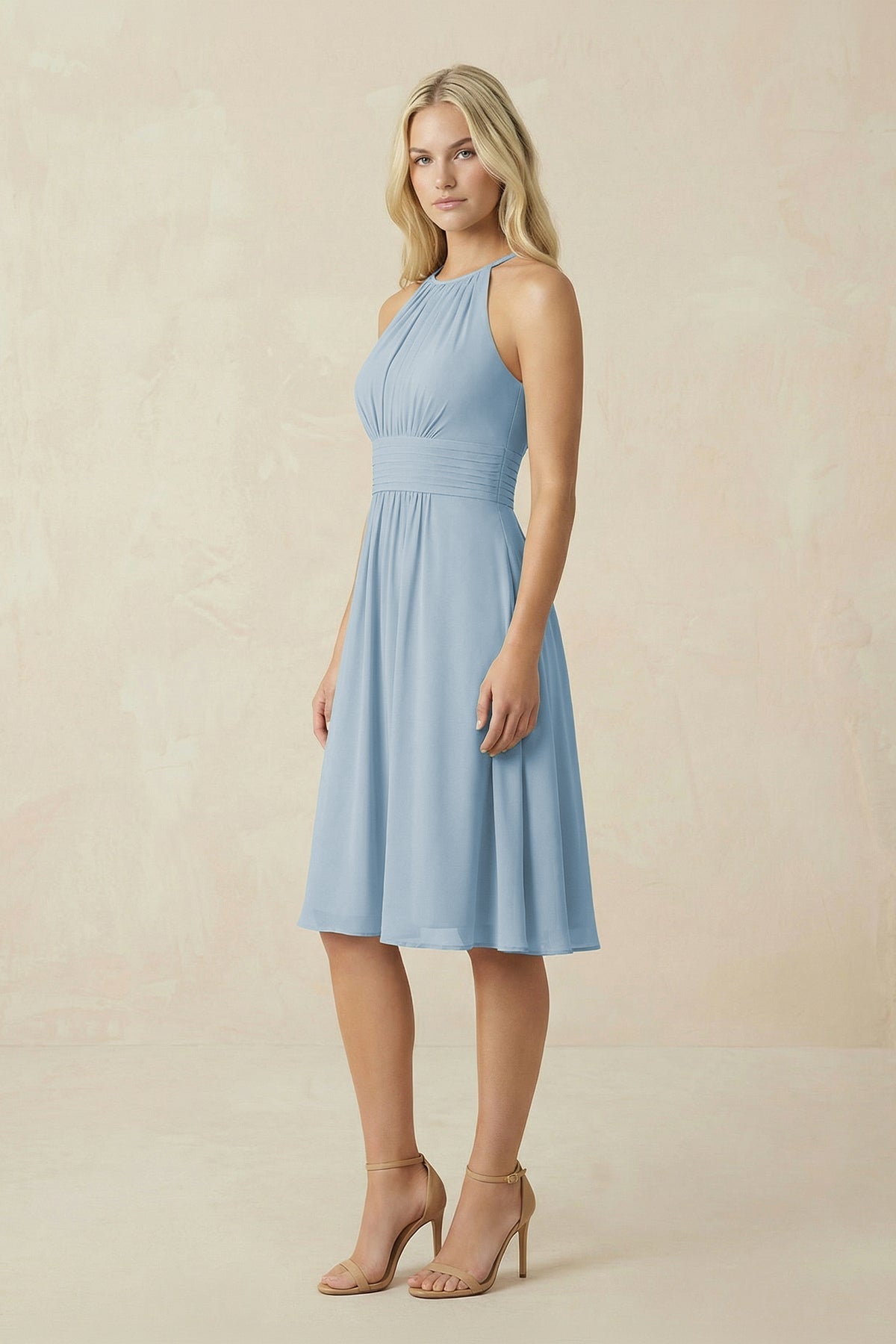Robe demoiselle d’honneur bleu poudré midi dos nu sans manches plissée - Harana