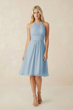 Robe demoiselle d’honneur bleu poudré midi dos nu sans manches plissée - Harana