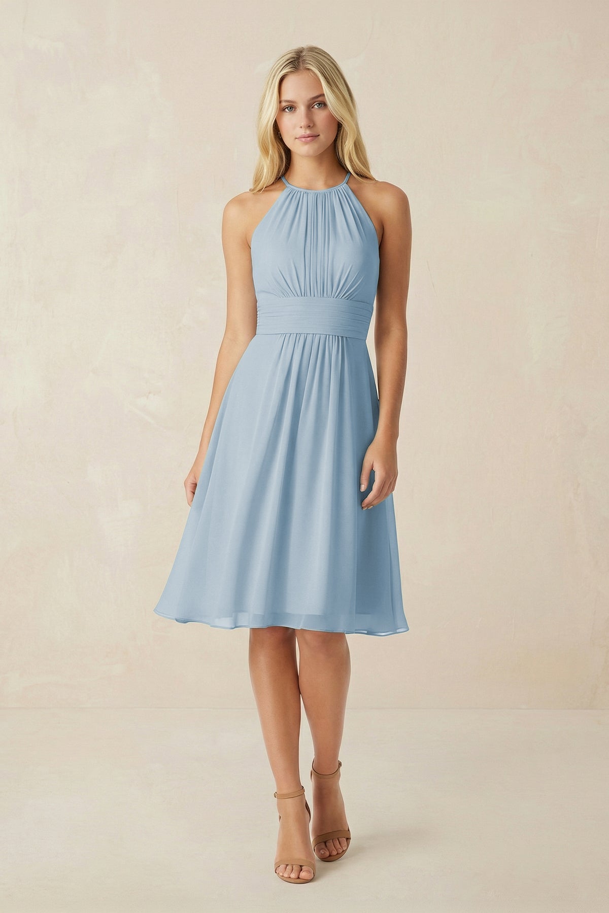 Robe demoiselle d’honneur bleu poudré midi dos nu sans manches plissée - Harana