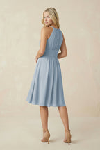 Robe demoiselle d’honneur bleu poudré midi dos nu sans manches plissée - Harana