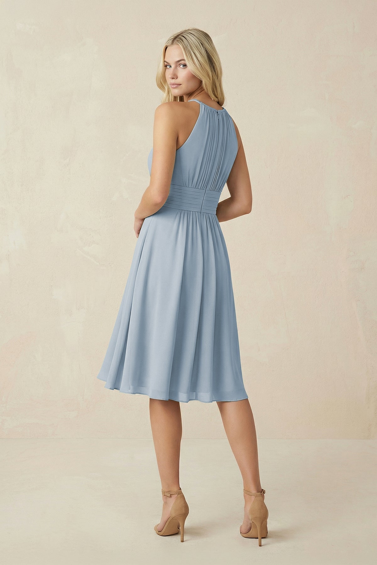Robe demoiselle d’honneur bleu poudré midi dos nu sans manches plissée - Harana