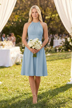 Robe demoiselle d’honneur bleu poudré midi dos nu sans manches plissée - Harana