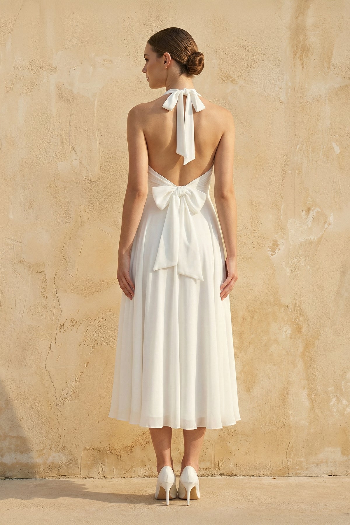 Robe de mariée blanche trapèze mousseline dos nu sans manches - Harana