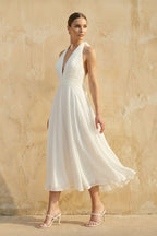 Robe de mariée blanche trapèze mousseline dos nu sans manches - Harana