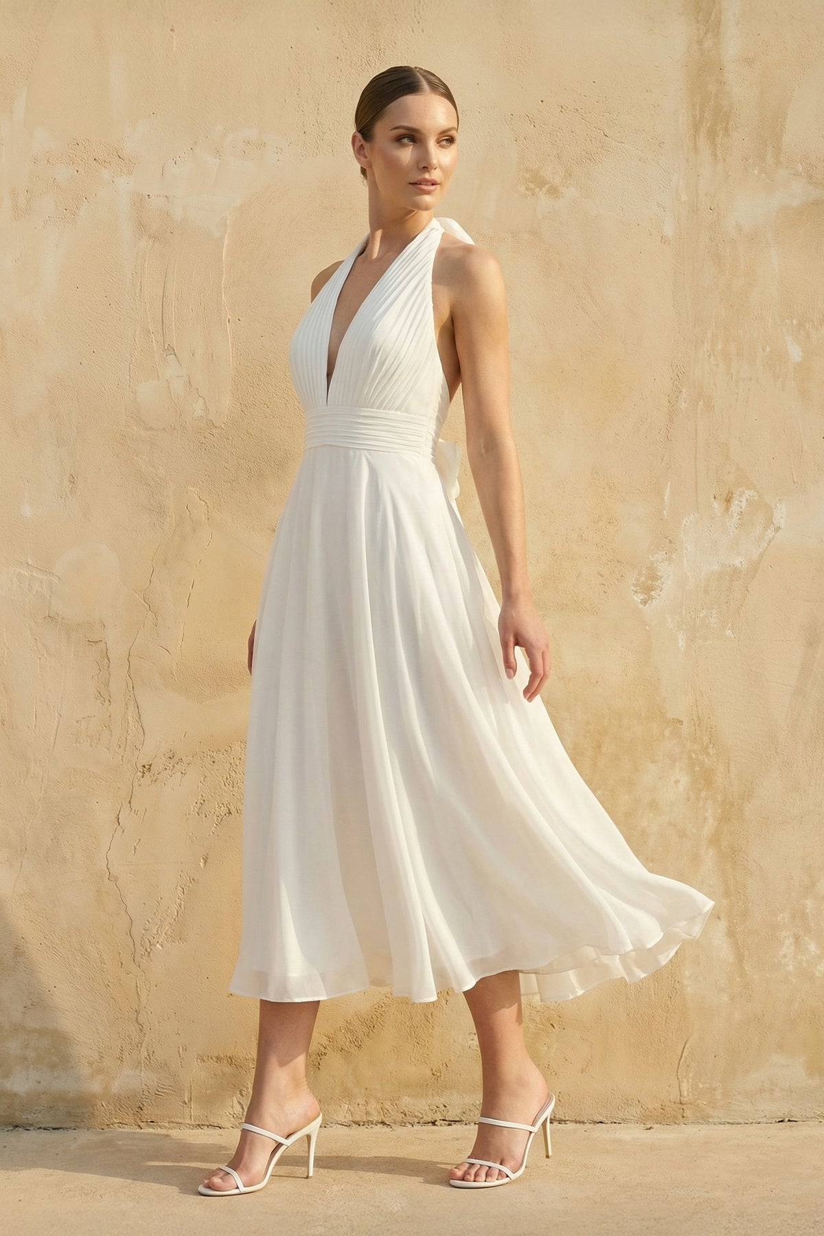 Robe de mariée blanche trapèze mousseline dos nu sans manches - Harana