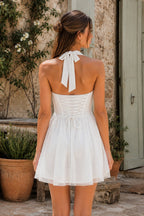 Robe blanche courte coupe trapèze à col licou avec corset - Harana