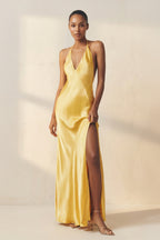Robe longue jaune dos nu avec fente - Harana