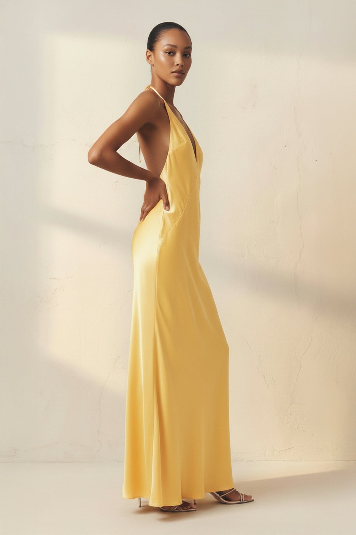 Robe longue jaune dos nu avec fente - Harana