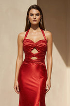 Robe longue rouge dos nu avec fente perlée - Harana