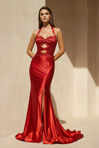Robe longue rouge dos nu avec fente perlée - Harana