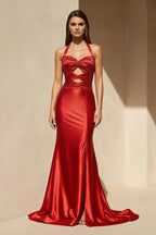 Robe longue rouge dos nu avec fente perlée - Harana
