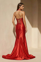 Robe longue rouge dos nu avec fente perlée - Harana