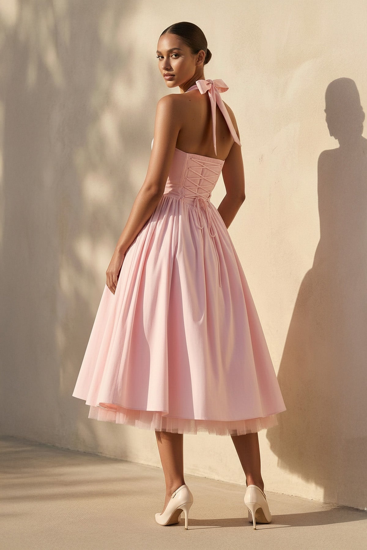 Robe midi rose en tulle dos nu avec nœud - Harana