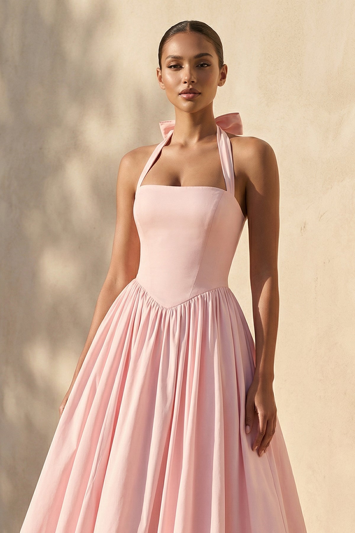 Robe midi rose en tulle dos nu avec nœud - Harana