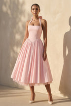 Robe midi rose en tulle dos nu avec nœud - Harana