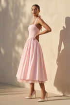 Robe midi rose en tulle dos nu avec nœud - Harana