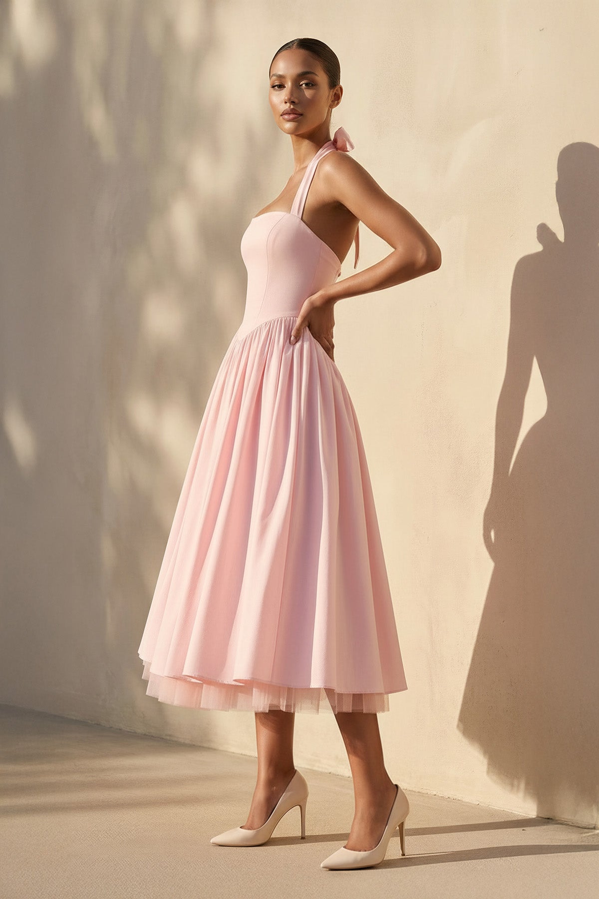 Robe midi rose en tulle dos nu avec nœud - Harana
