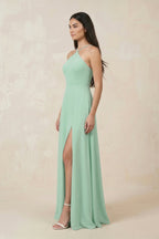 Robe demoiselle d’honneur pale pistachio longue dos nu sans manches avec fente - Harana