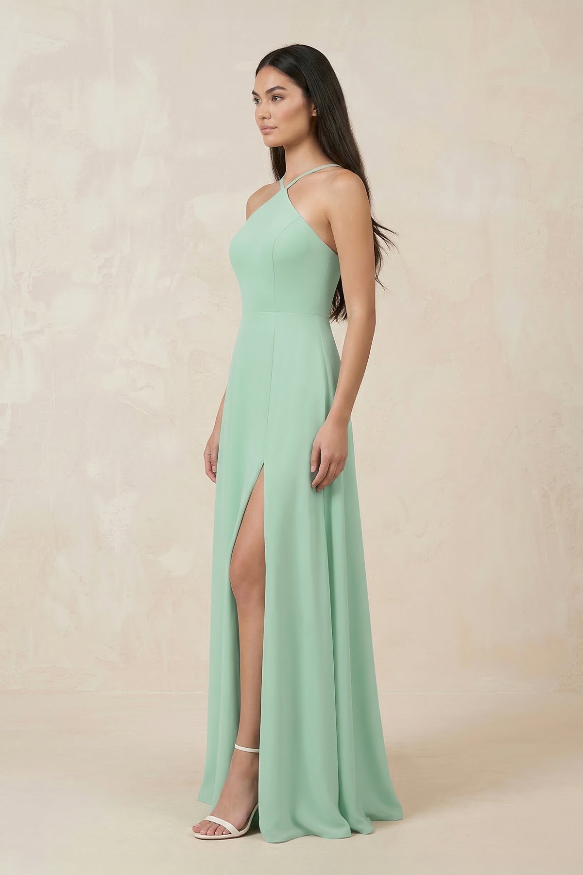 Robe demoiselle d’honneur pale pistachio longue dos nu sans manches avec fente - Harana