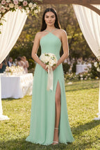 Robe demoiselle d’honneur pale pistachio longue dos nu sans manches avec fente - Harana