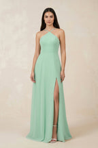 Robe demoiselle d’honneur pale pistachio longue dos nu sans manches avec fente - Harana