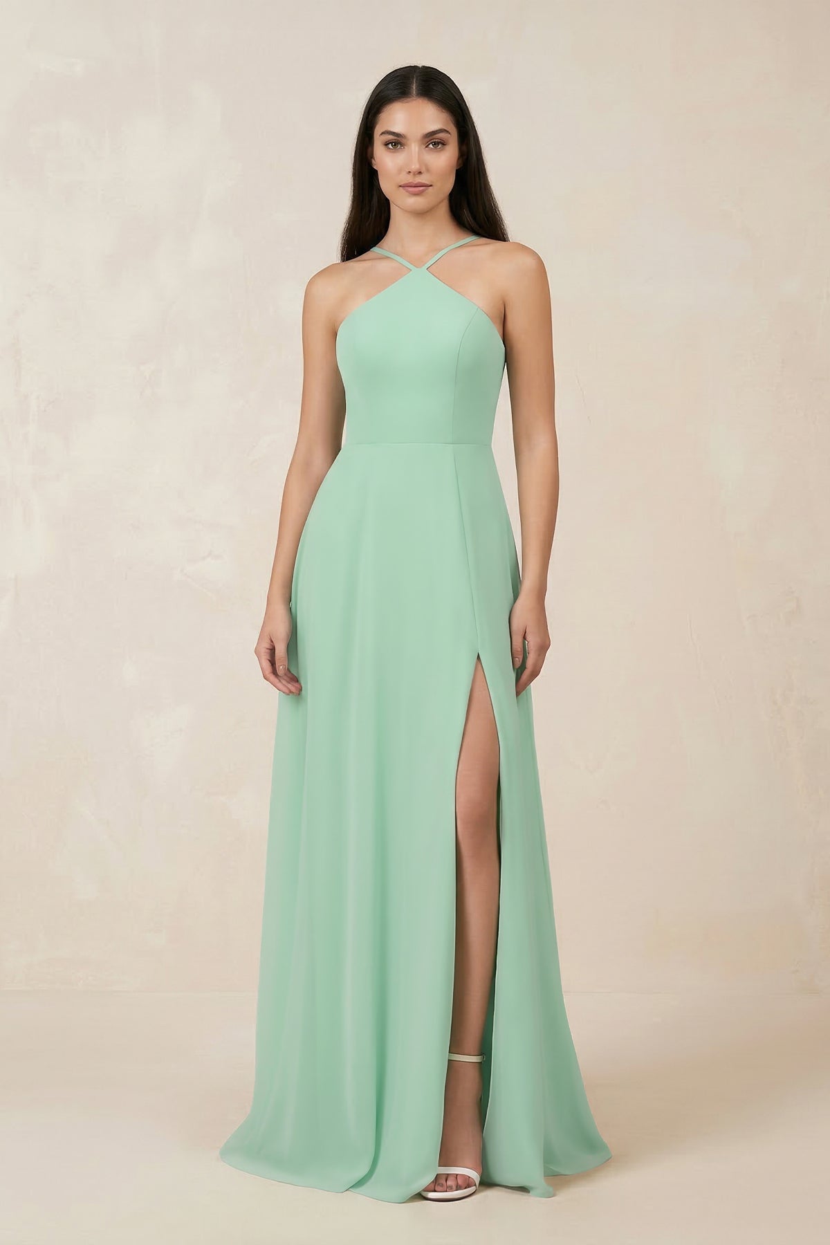 Robe demoiselle d’honneur pale pistachio longue dos nu sans manches avec fente - Harana