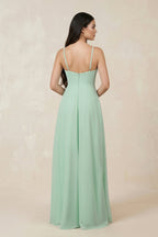 Robe demoiselle d’honneur pale pistachio longue dos nu sans manches avec fente - Harana