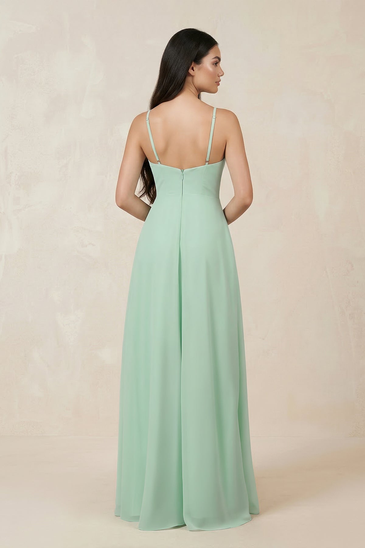 Robe demoiselle d’honneur pale pistachio longue dos nu sans manches avec fente - Harana