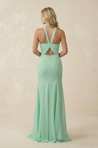 Robe demoiselle d’honneur pale pistachio longue dos nu sans manches froncée - Harana