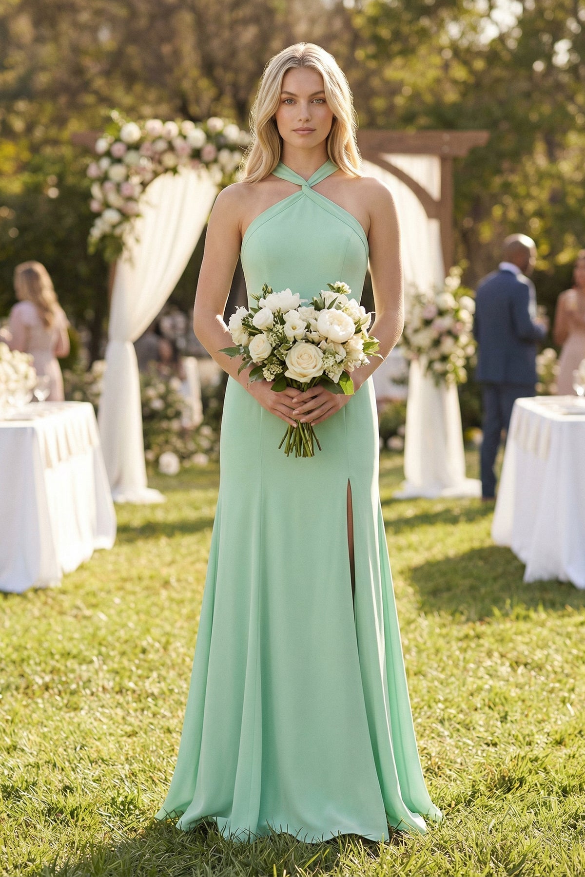 Robe demoiselle d’honneur pale pistachio longue dos nu sans manches froncée - Harana